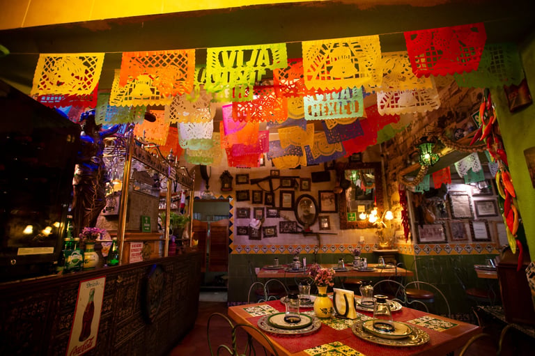 Interior view of a colorful restaurant in the heart of colonial Zacatecas, Mexico
