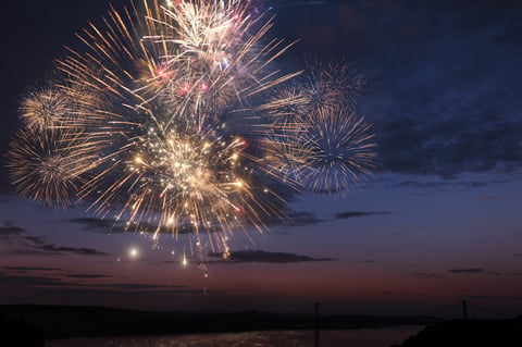 Amazing golden fireworks exploding in the night sky, concept. Holidays and New Year 2025, creative idea. Creative celebration. Christmas card. Festive city fireworks in Lisbon. panoramic view