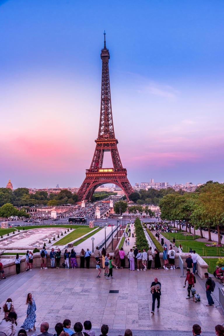 Paris France - View from Trocadero of the Eiffel Tower across the Seine River at sunset