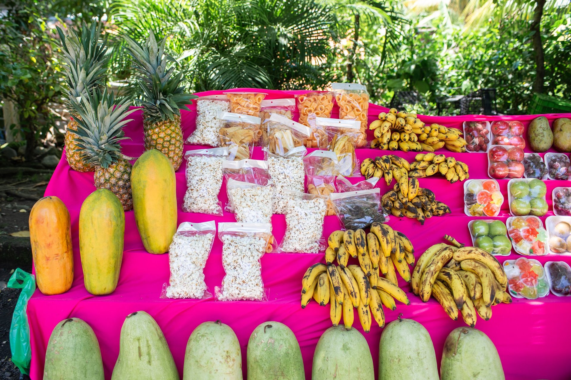 Colorful Assortment of Tropical Fruit Displayed at Outdoor Market Stall