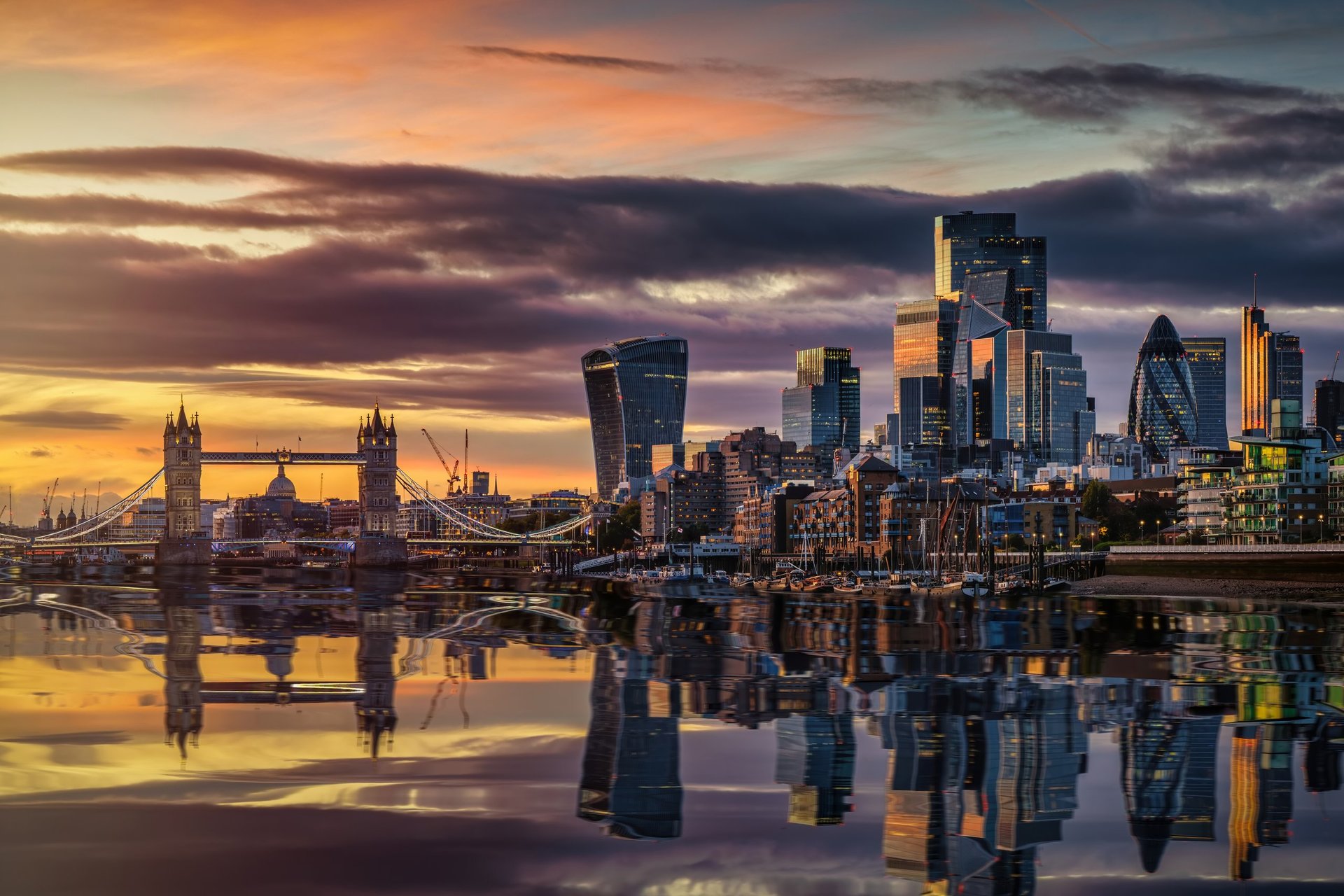 European skyline at sunset with iconic architecture