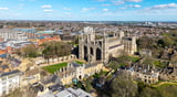 Aerial view of European city with historic cathedral