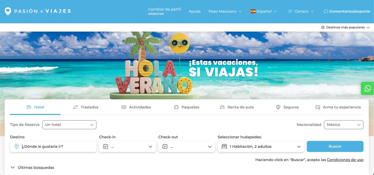 Travel booking website for Pasion Viajes showing tropical beach destination with vacation search filters and colorful logo