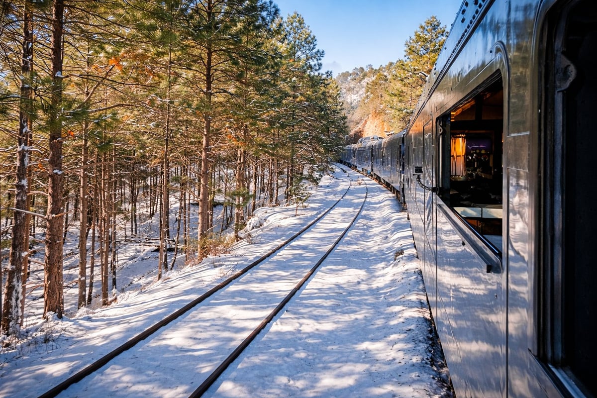 Train traveling through snowy pine forest on railroad tracks during daylight
