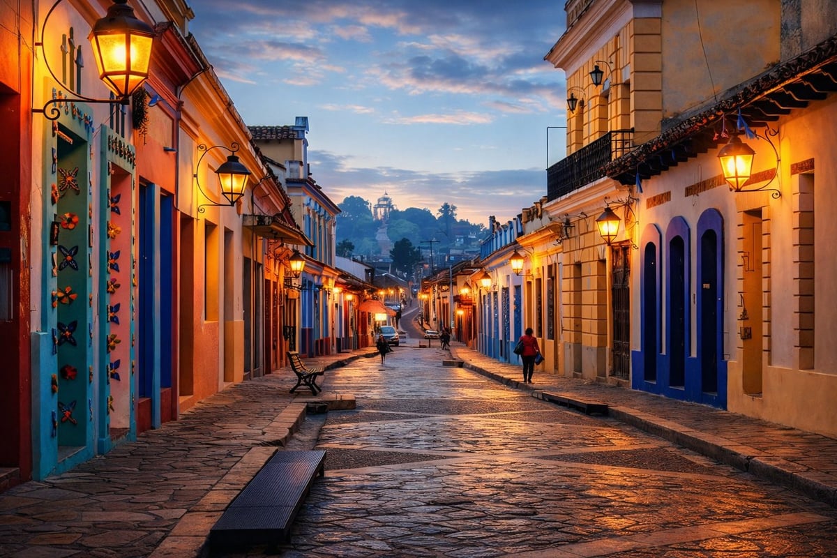 Colorful cobblestone street at twilight lined with illuminated colonial buildings and street lamps in a historic town