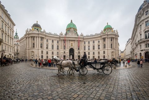 Horse-drawn carriage on cobblestone square in front of grand Hofburg Palace in Vienna with green copper domes