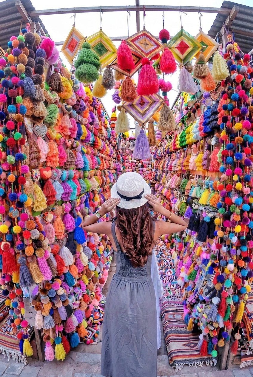 Woman in white hat walking through vibrant corridor of colorful pom-poms and decorative tassels at a festive market