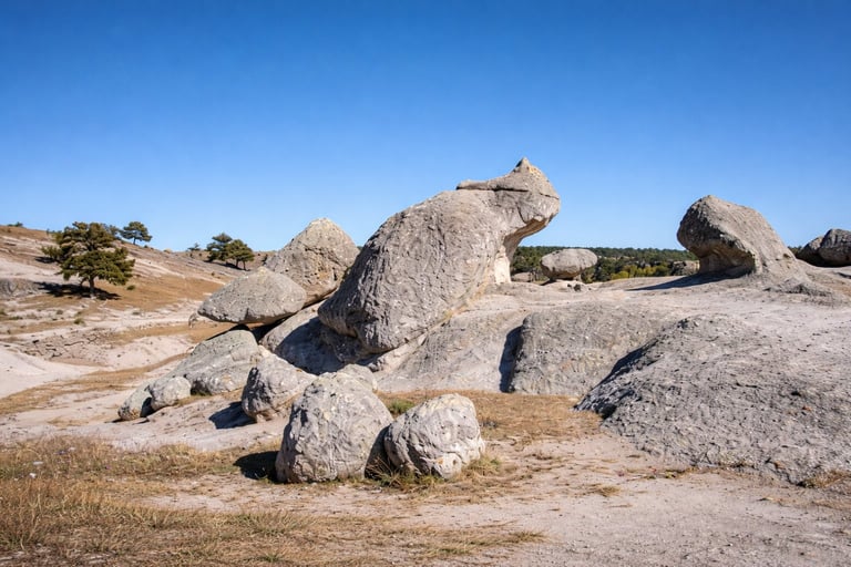 Large granite boulders scattered across a dry hillside under clear blue sky, with sparse vegetation and trees in the background