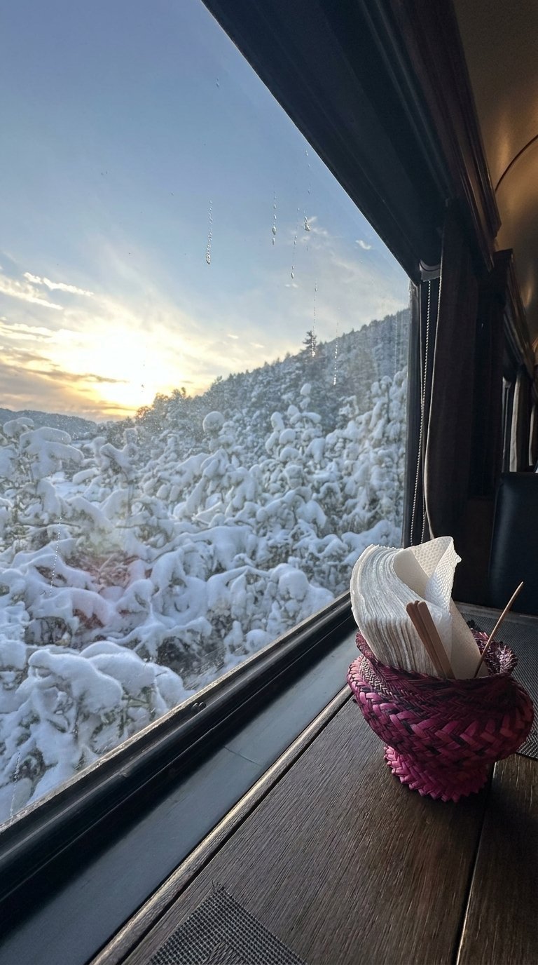 Coffee mug with burgundy scarf on windowsill overlooking snow-covered forest at sunset from inside a vehicle