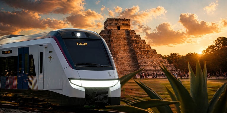 Tren moderno blanco sobre rieles con pirámide maya antigua al fondo al atardecer