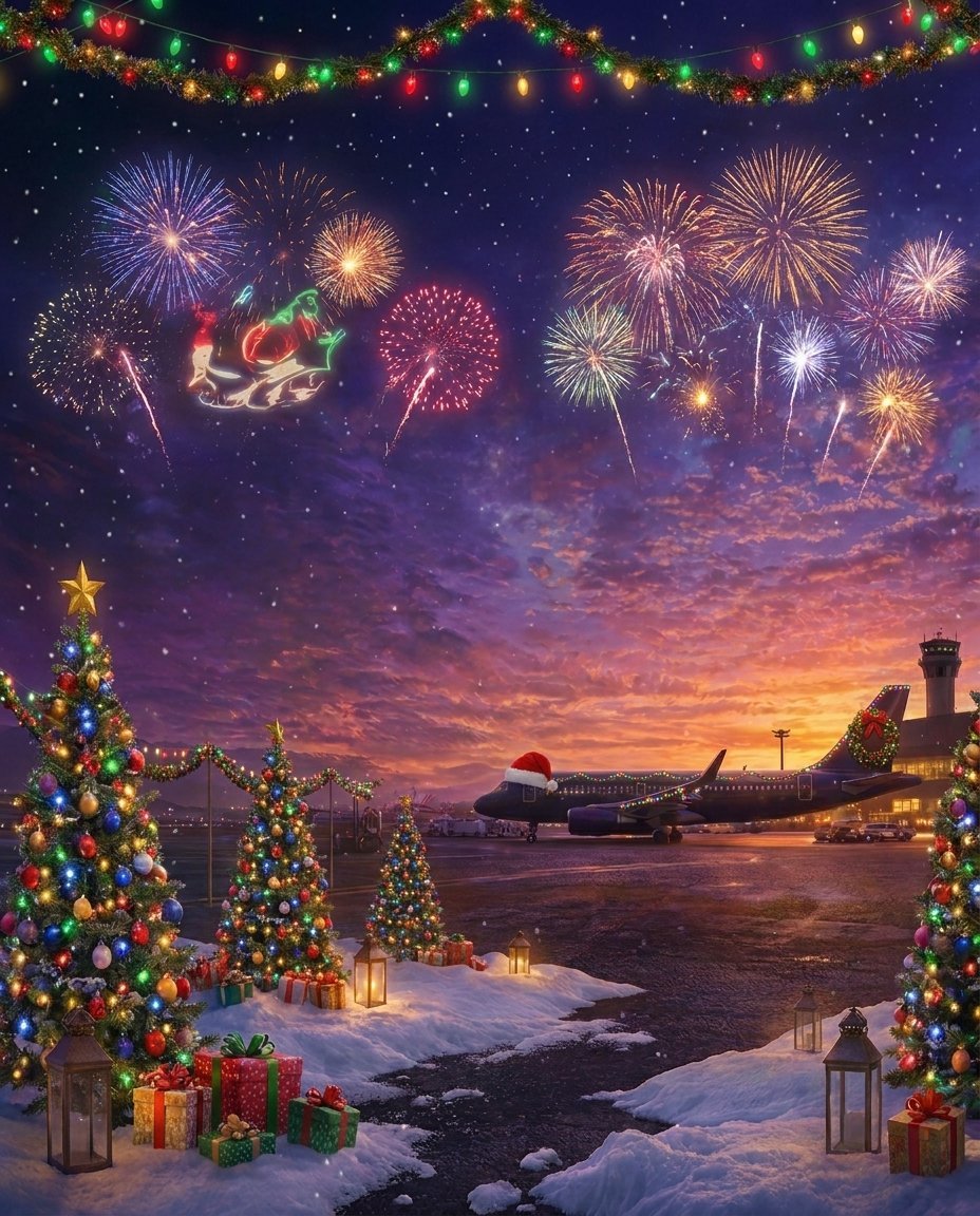 Festive holiday scene with Santa sleigh flying over snowy airport at sunset, fireworks, decorated Christmas trees, and airplane on tarmac