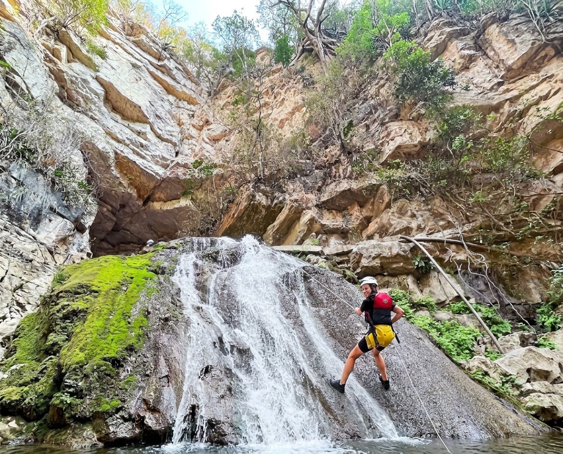 Canyoneer rappelling down a waterfall in a rocky canyon surrounded by moss-covered stones and vegetation