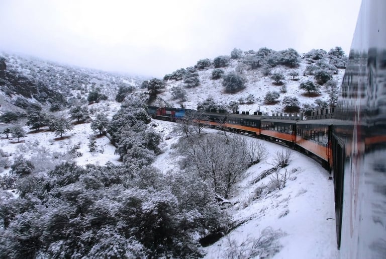 A scenic train traveling through snowy mountains and forested hillsides in winter