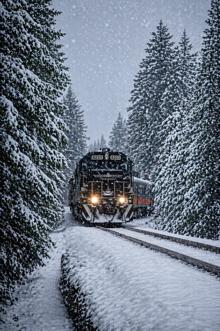 Tren de carga viajando por bosque nevado con pinos verdes a ambos lados durante nevada de invierno