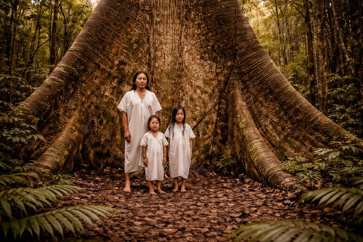 Three people in white clothing standing between two large tree trunks in a dense forest with golden sunlight filtering through the canopy