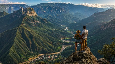 Two hikers stand on a rocky outcrop overlooking a vast mountain valley with forested slopes and a winding river below
