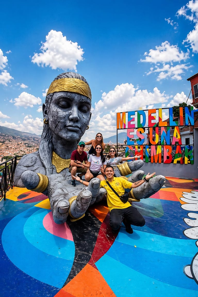Tourists posing with large colorful statue and Medellin sign in vibrant plaza under blue sky with white clouds