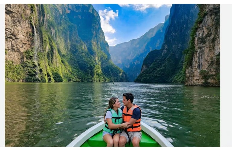 Pareja en kayak en el Cañón del Sumidero rodeado de acantilados verdes