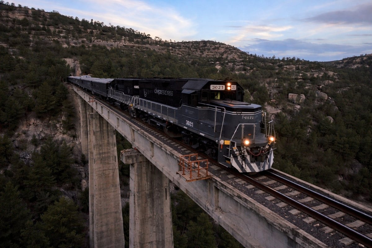 Diesel locomotive train traveling across a high concrete viaduct through a forested desert landscape at dusk