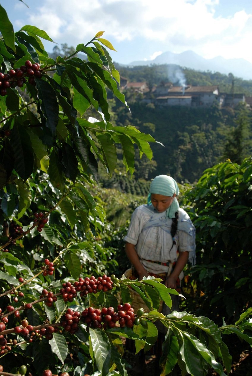 Farm worker in white head covering harvesting red coffee berries among green foliage in mountainous landscape