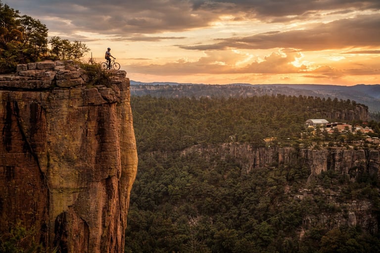 Mountain biker standing on clifftop overlooking vast forested canyon valley at golden sunset