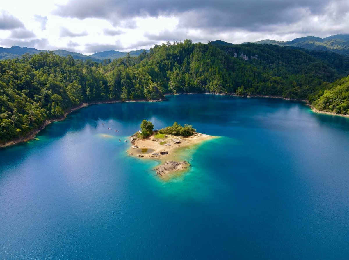 Aerial view of a small forested island in turquoise water surrounded by dense green mountains and cloudy sky
