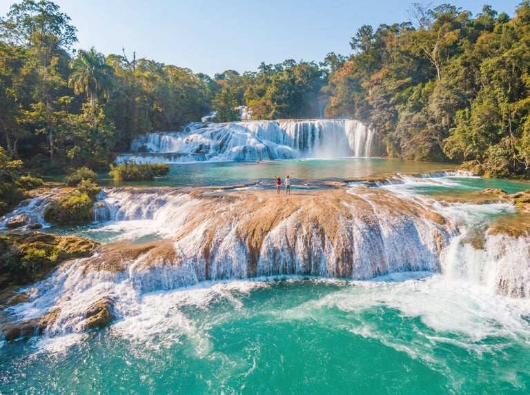 Cascading terraced waterfalls with turquoise pools surrounded by lush green forest in a tropical landscape