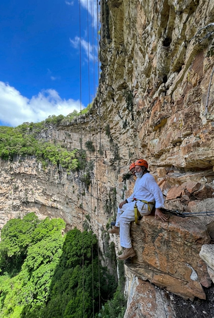 Rock climber in blue shirt ascending a steep cliff face with rope, blue sky and green vegetation visible below