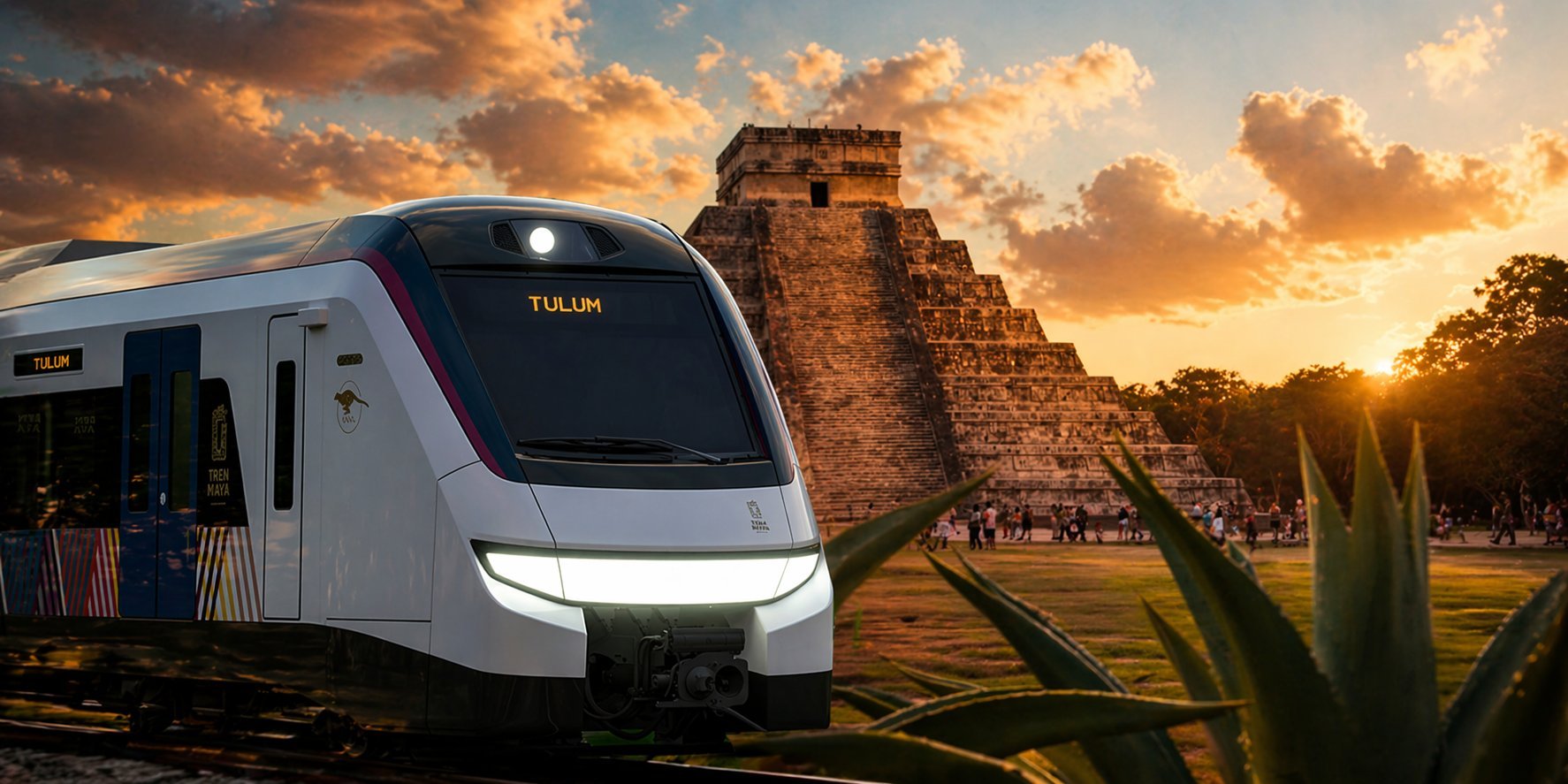 Modern white train beside ancient Mayan pyramid ruins at golden sunset with clouds and tropical vegetation