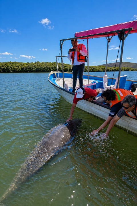 People on a blue boat with red canopy reach down to touch a large whale in shallow coastal waters