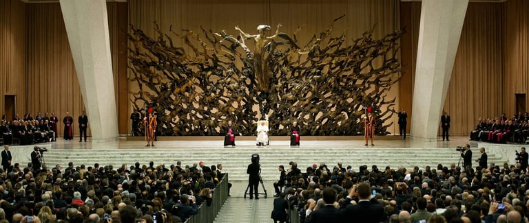 Large formal assembly hall with hundreds of seated attendees facing a central stage with dramatic sculptural backdrop