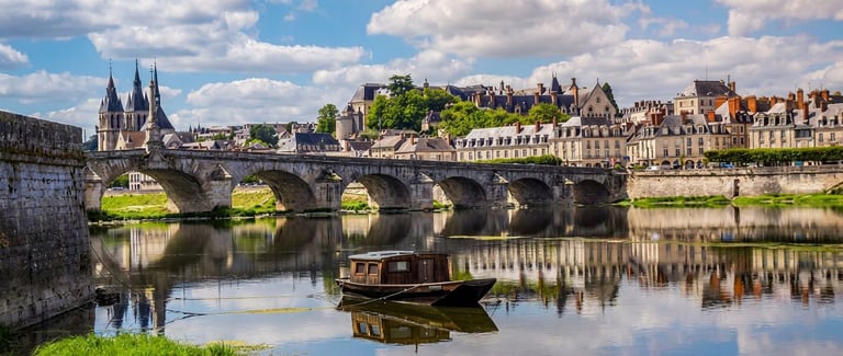 Historic stone bridge spanning calm river with cathedral and medieval town buildings reflected in water