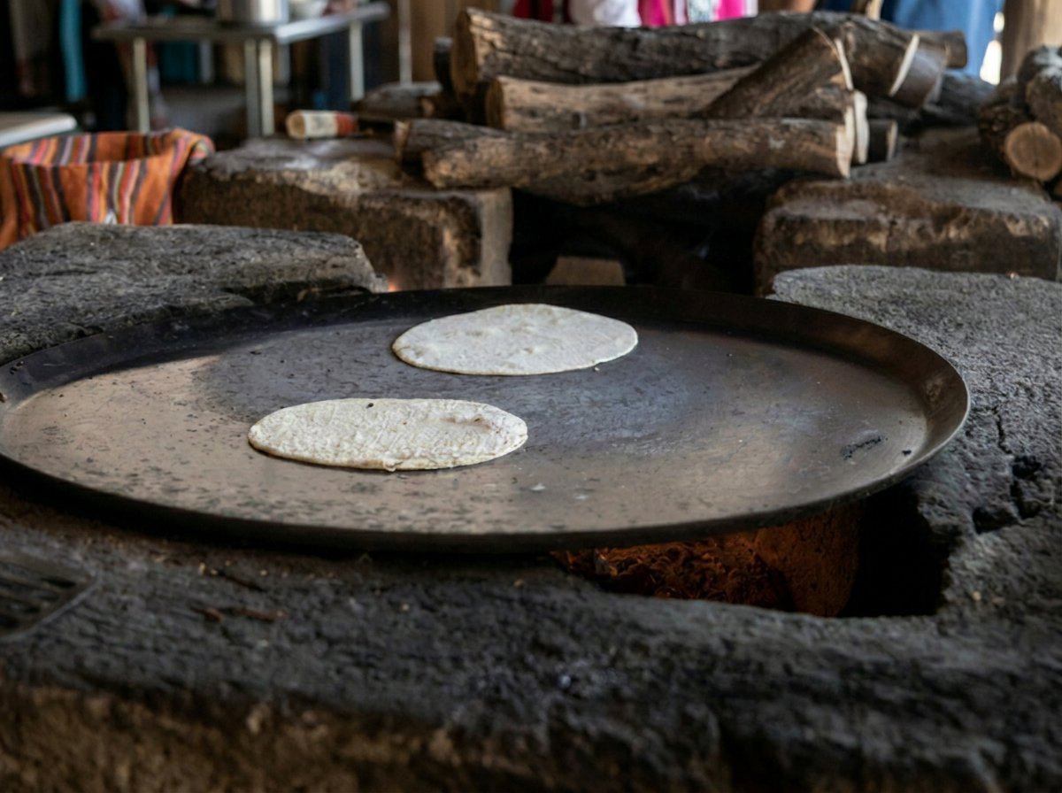 Two flatbreads cooking on a large circular griddle in an outdoor setting with logs in the background