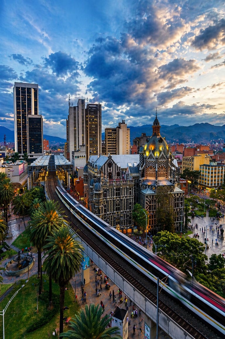 Aerial view of Medellin cityscape with train, colonial churches, high-rise buildings, and mountains at sunset