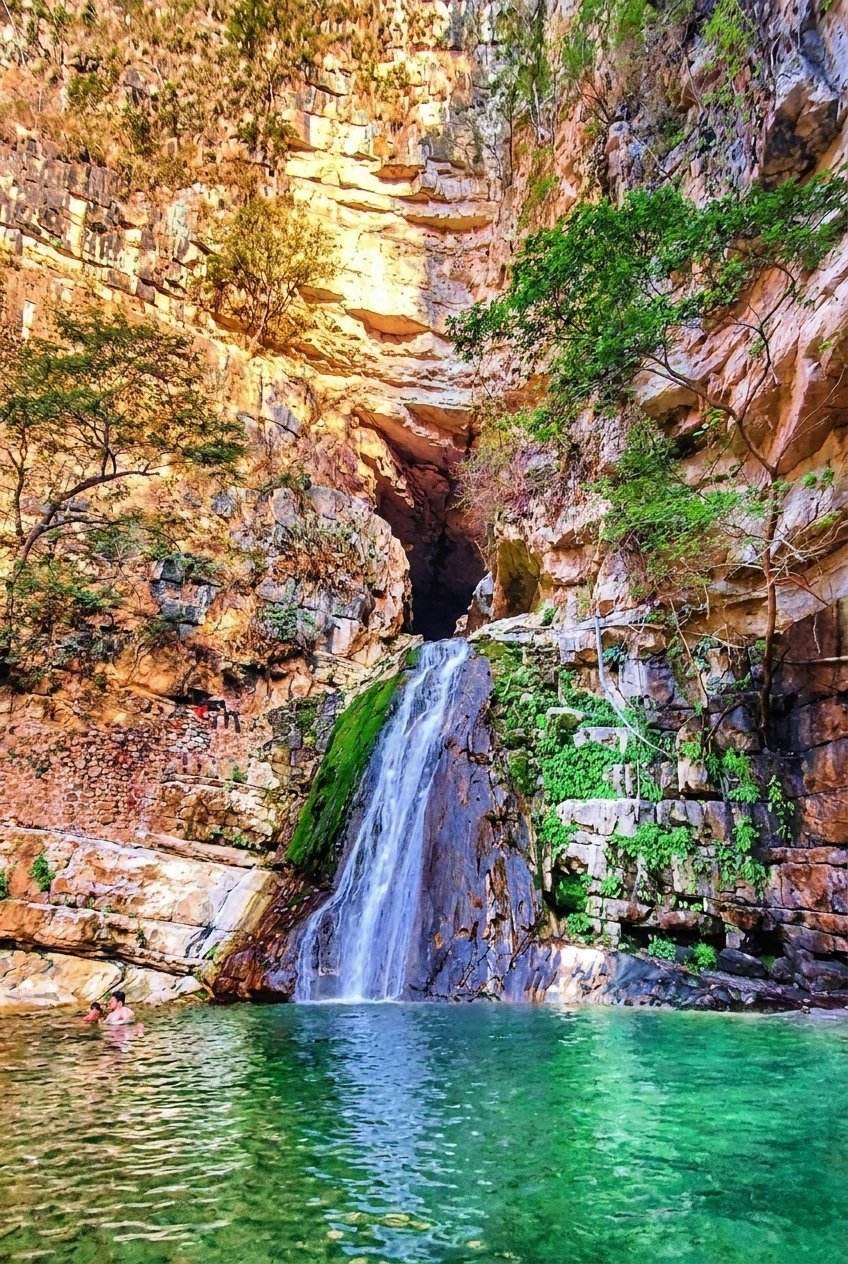 Waterfall cascading into a turquoise pool surrounded by moss-covered red rock cliffs and green vegetation