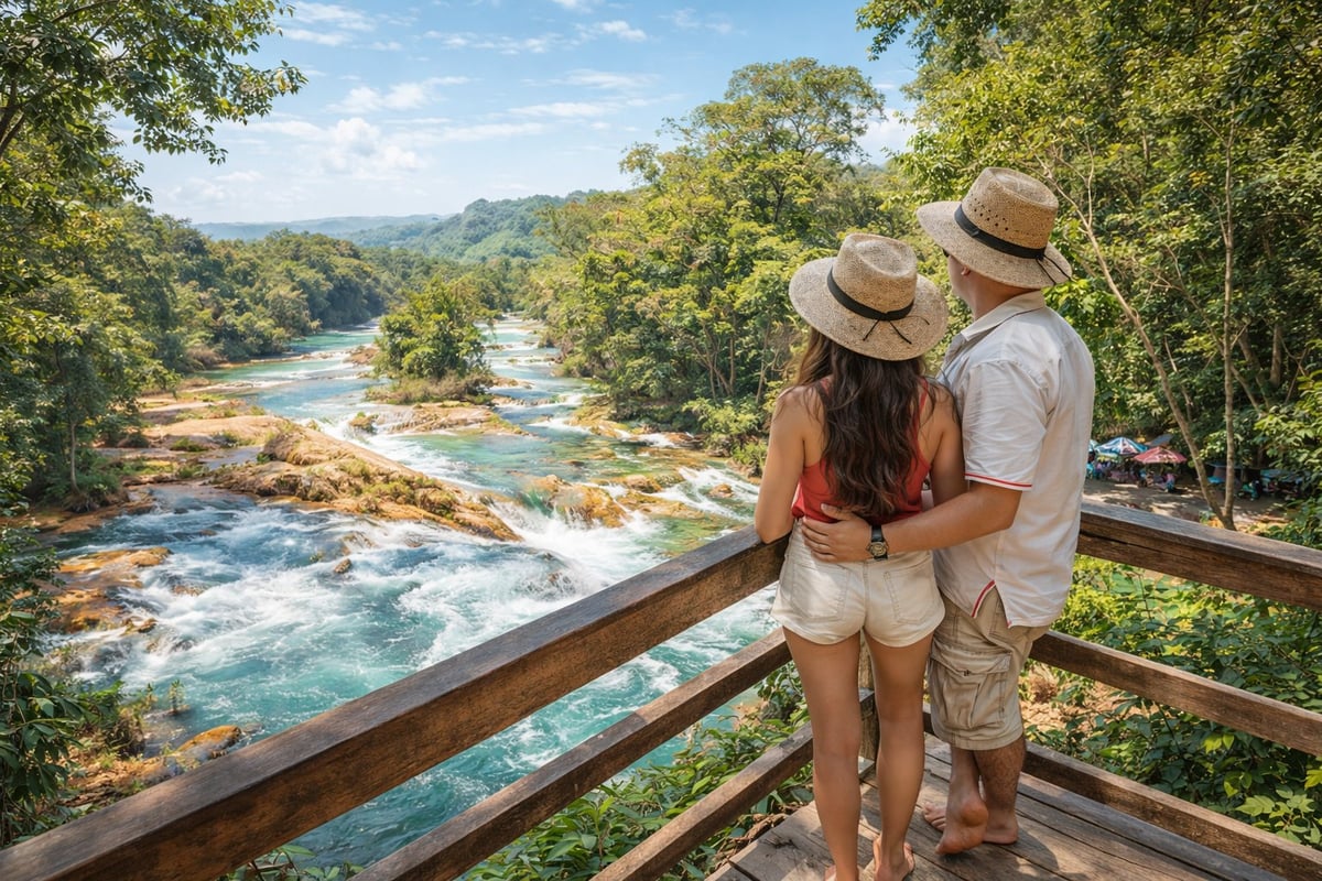 Couple wearing hats standing at wooden railing overlooking turquoise river flowing through forested landscape