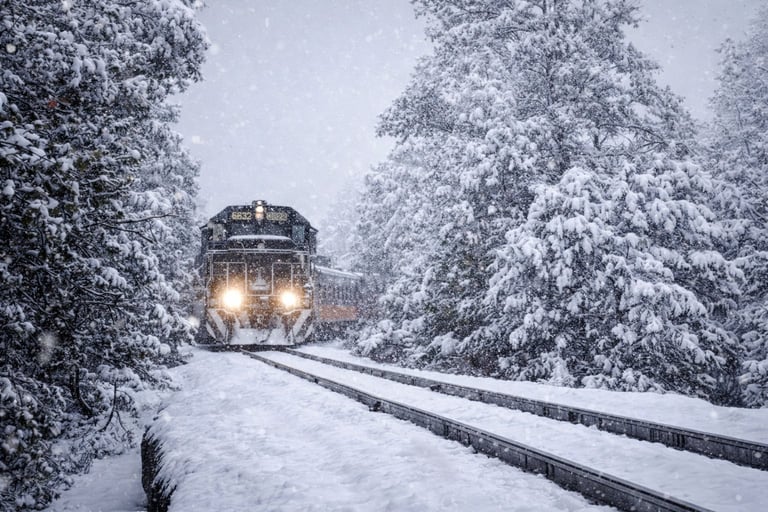 A train with headlights on travels through snow-covered railroad tracks lined with frosted evergreen trees during heavy snowfall.