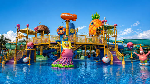 Colorful Nickelodeon water park playground with yellow structures, blue pool, and pink octopus sculpture under clear sky