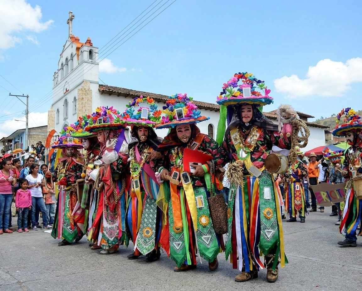 Group of people in colorful traditional costumes and flower headdresses parading in front of a white church building during a festival celebration