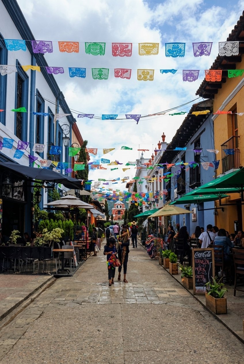 Colorful street in a Latin American town with papel picado decorations strung overhead, colonial architecture, and local shops