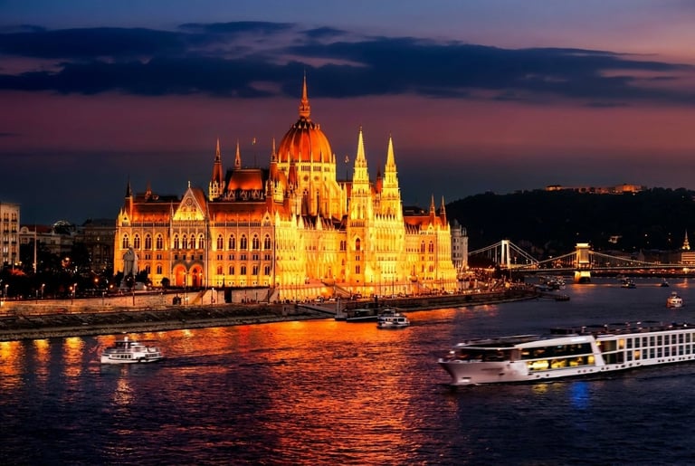 Hungarian Parliament Building illuminated at dusk with Danube River and a passenger boat in the foreground