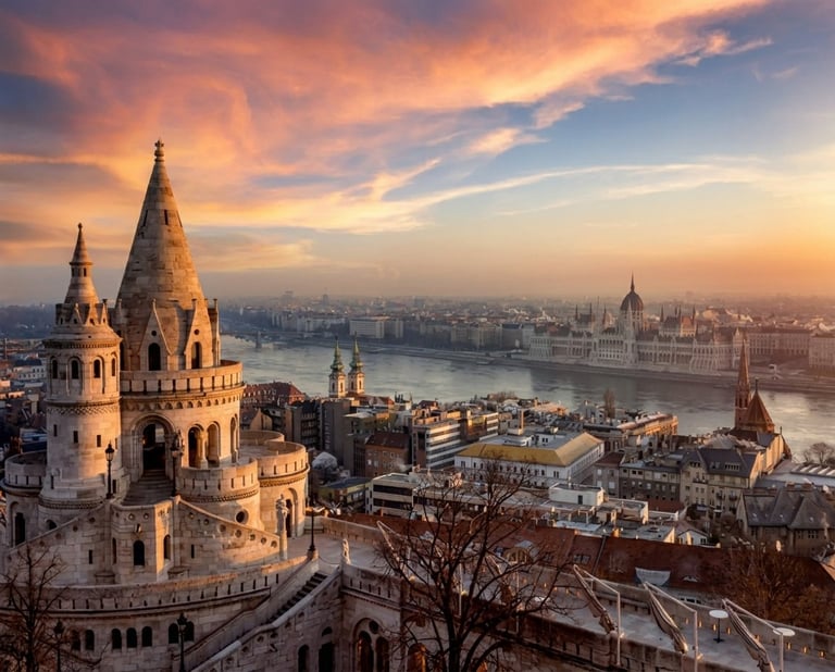 Fishermans Bastion in Budapest at sunset with Danube River and cityscape in the background