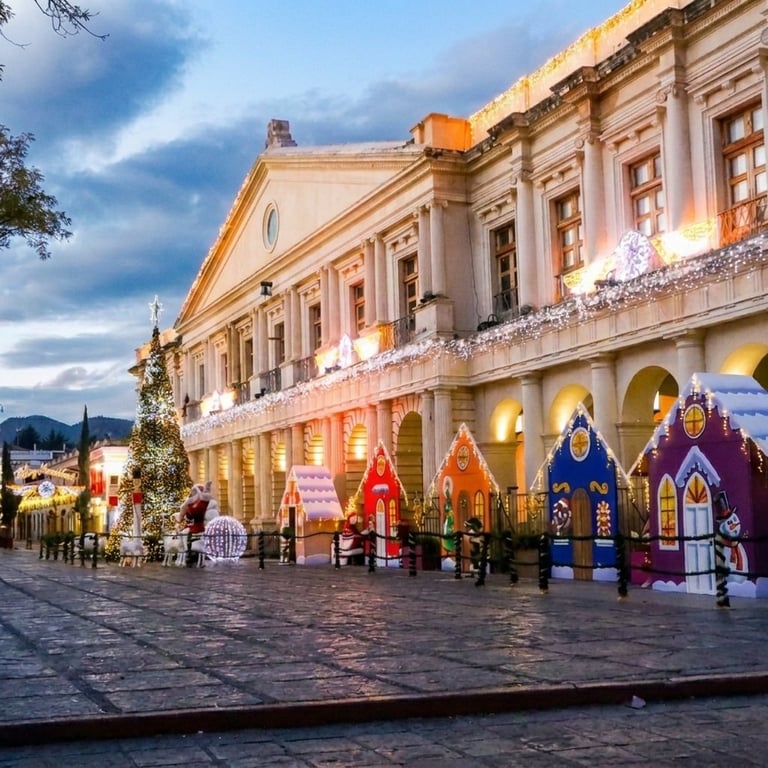 Colonial building decorated with colorful nativity scenes and holiday lights at dusk on a historic town square