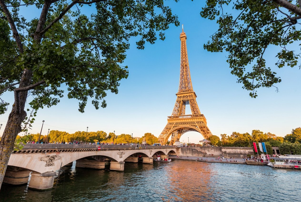 Eiffel Tower in Paris with stone bridge over river Seine, surrounded by green trees under clear blue sky
