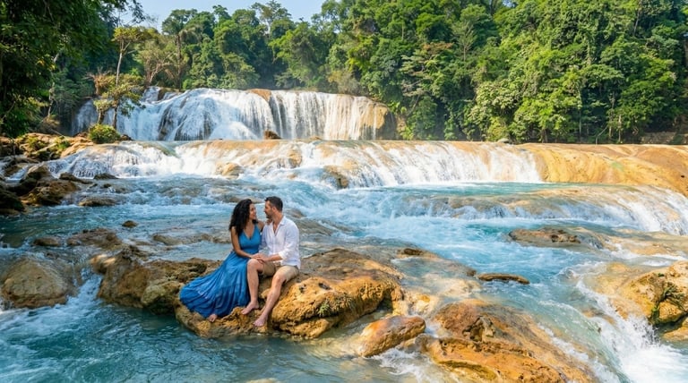 Pozas turquesas de Agua Azul con cascadas