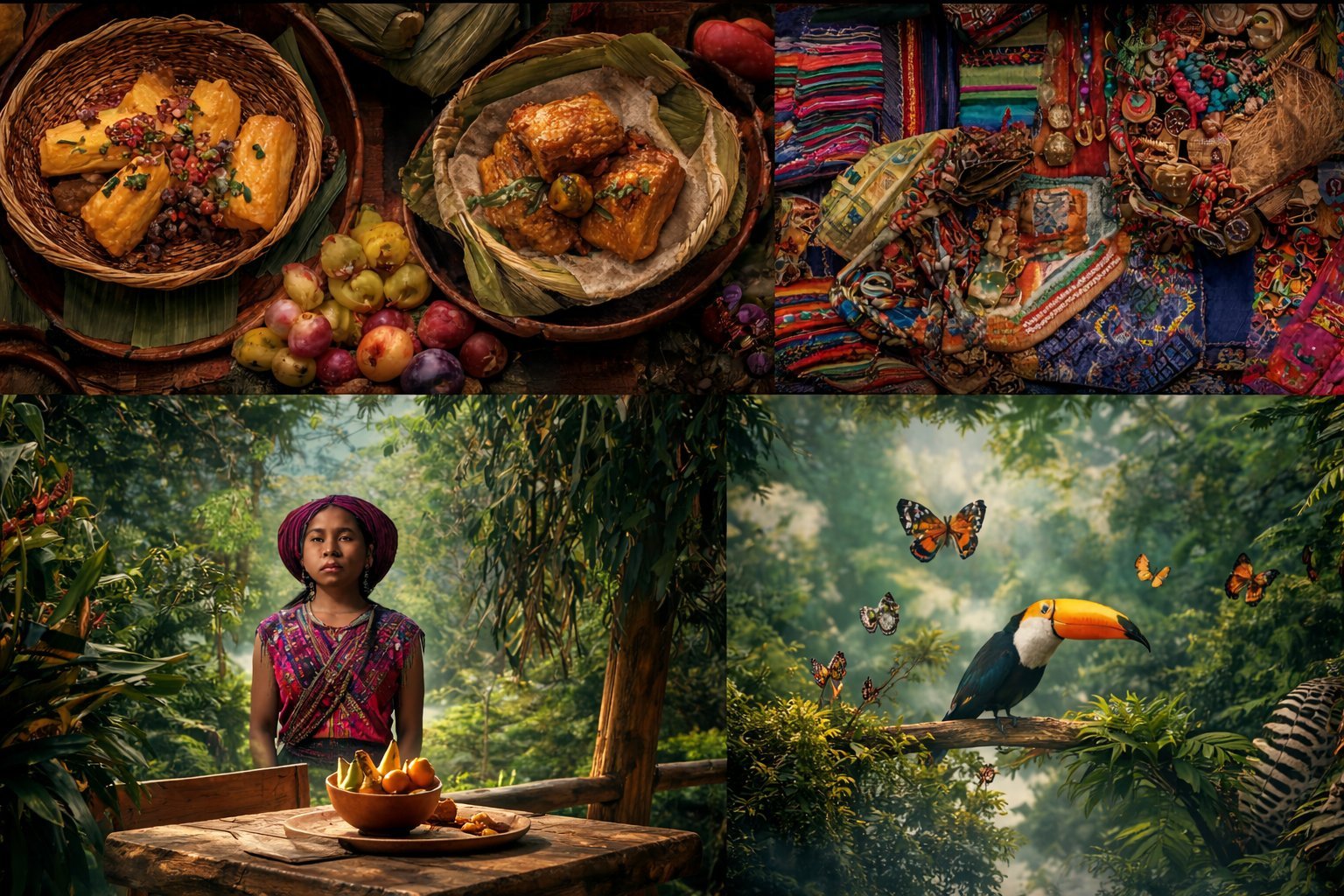 Collage of traditional cooking dishes and jungle scene with girl, toucan, and butterfly among lush greenery