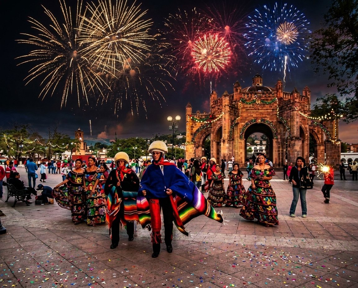 Festive parade with decorated motorcycles in front of illuminated historic gate and fireworks display overhead at night
