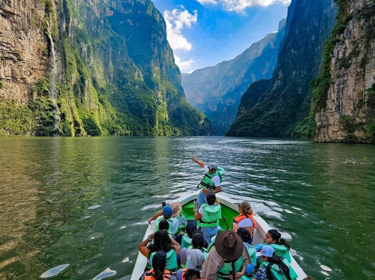 Tour boat with passengers floating on calm water between towering green cliffs under blue sky