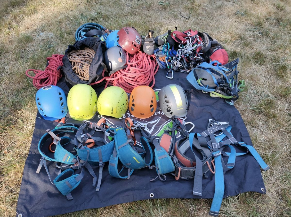 Rock climbing and rappelling gear laid out on ground, including colorful harnesses, helmets, ropes, and carabiners organized on a dark tarp