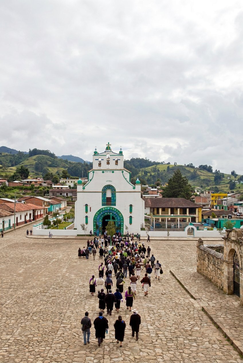 Large crowd of people walking toward a white and turquoise church in a town plaza surrounded by colonial buildings and green mountains